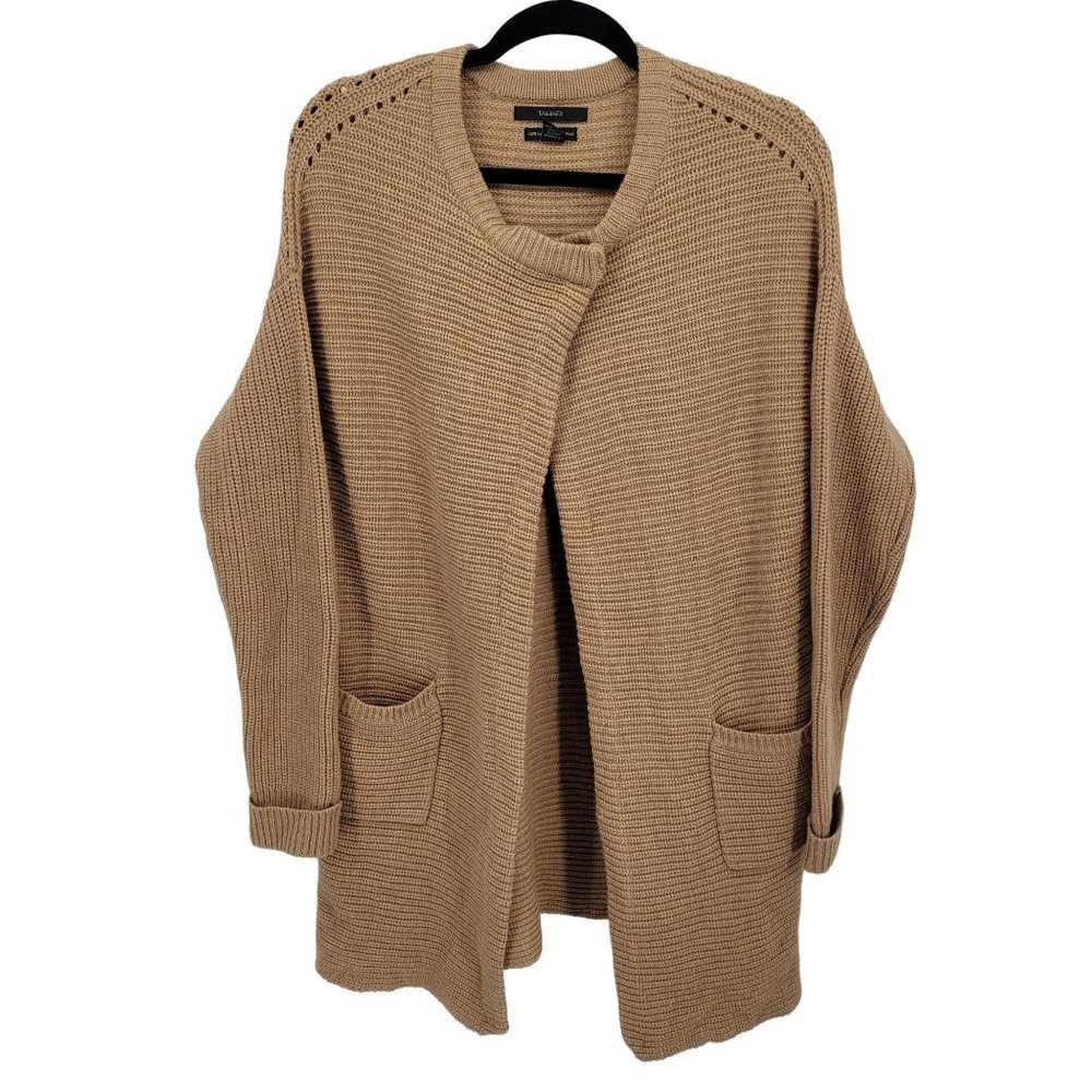 Tahari Womens large brown Merino wool long line cardigan sweater one button